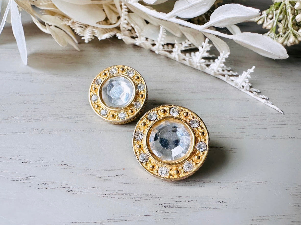 Vintage Rhinestone Post Earrings, Diamond Crystal Vintage Earrings, Sparkling Jewel Earrings with Gold Border, 1980s Liz Claiborne LCI Studs from Piggle and Pop