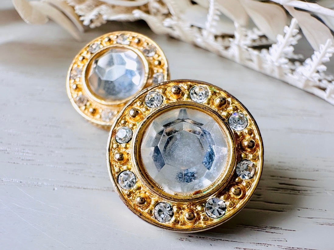 Vintage Rhinestone Post Earrings, Diamond Crystal Vintage Earrings, Sparkling Jewel Earrings with Gold Border, 1980s Liz Claiborne LCI Studs from Piggle and Pop