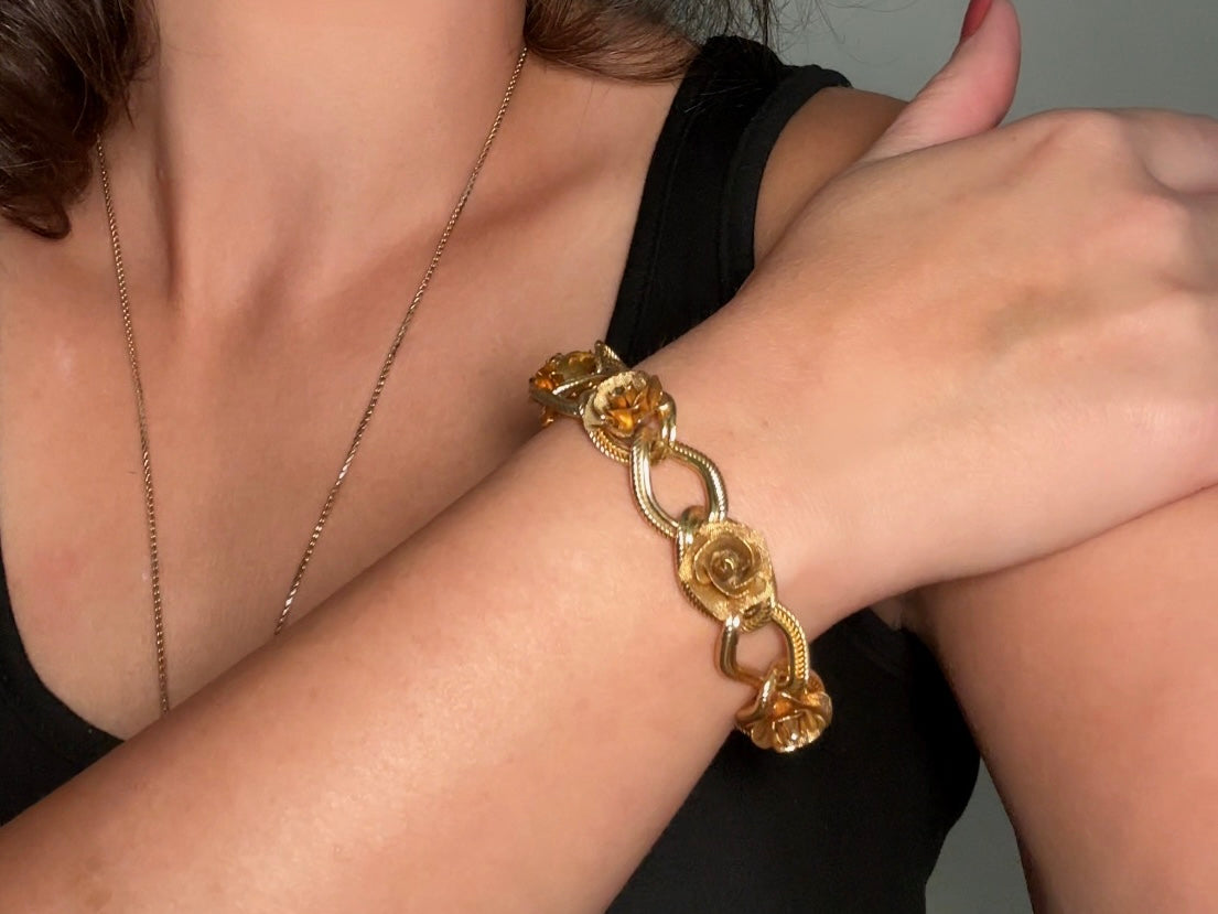 Vintage Rose Bracelet, Gold Rose Textured Link Bracelet, 1960s Romantic Floral Chain Bracelet, Classic Gold Mesh Flower Bracelet