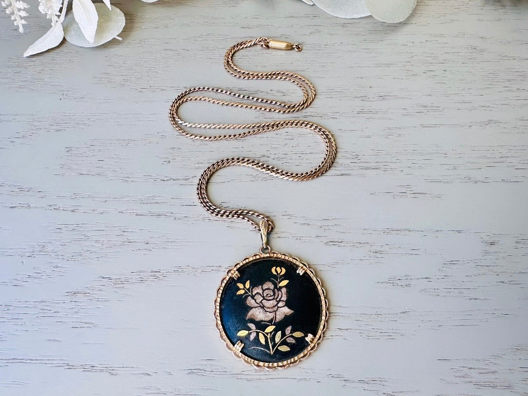 1940s Vintage Rose Necklace, Krementz Black Floral Pendant Necklace