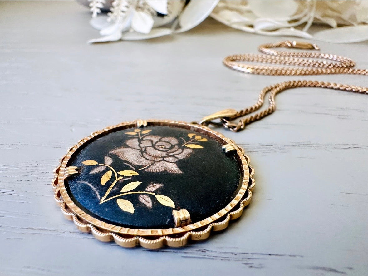 1940s Vintage Rose Necklace, Krementz Black Floral Pendant Necklace close up shot