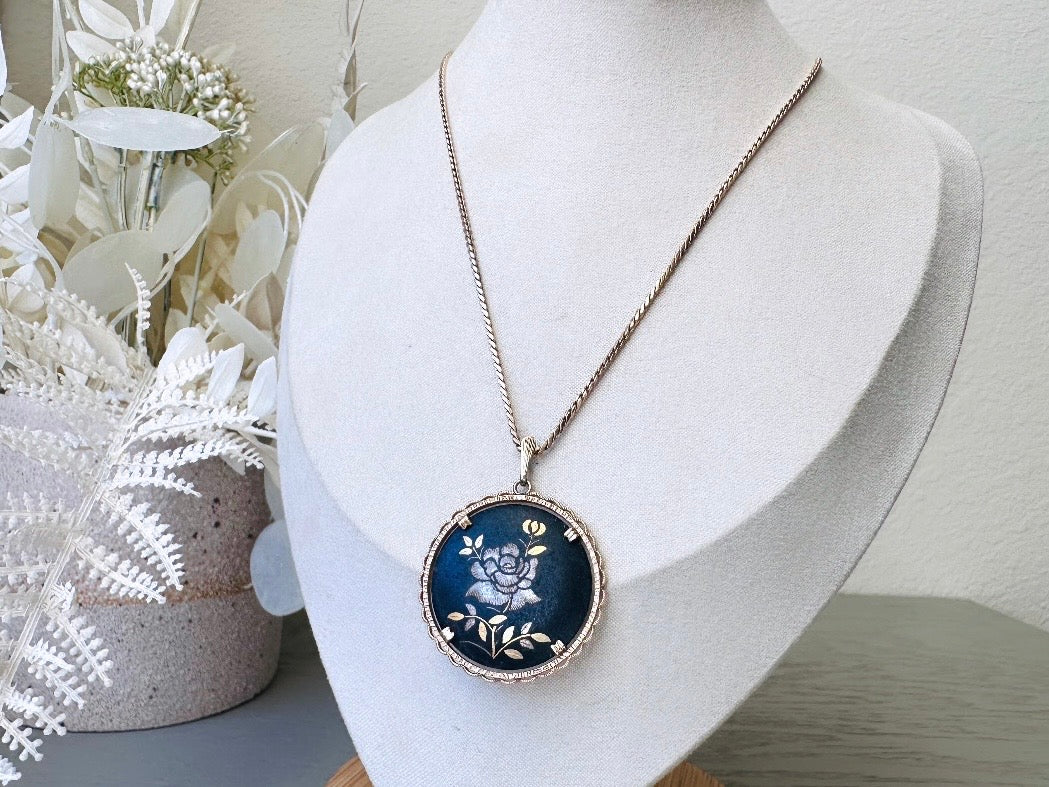 Vintage Rose Necklace, 1940s Black Krementz Pendant Necklace, Etched Gold Overlay on Black Matte Round Cameo, Collectible Vintage 24" Chain from Piggle and Pop