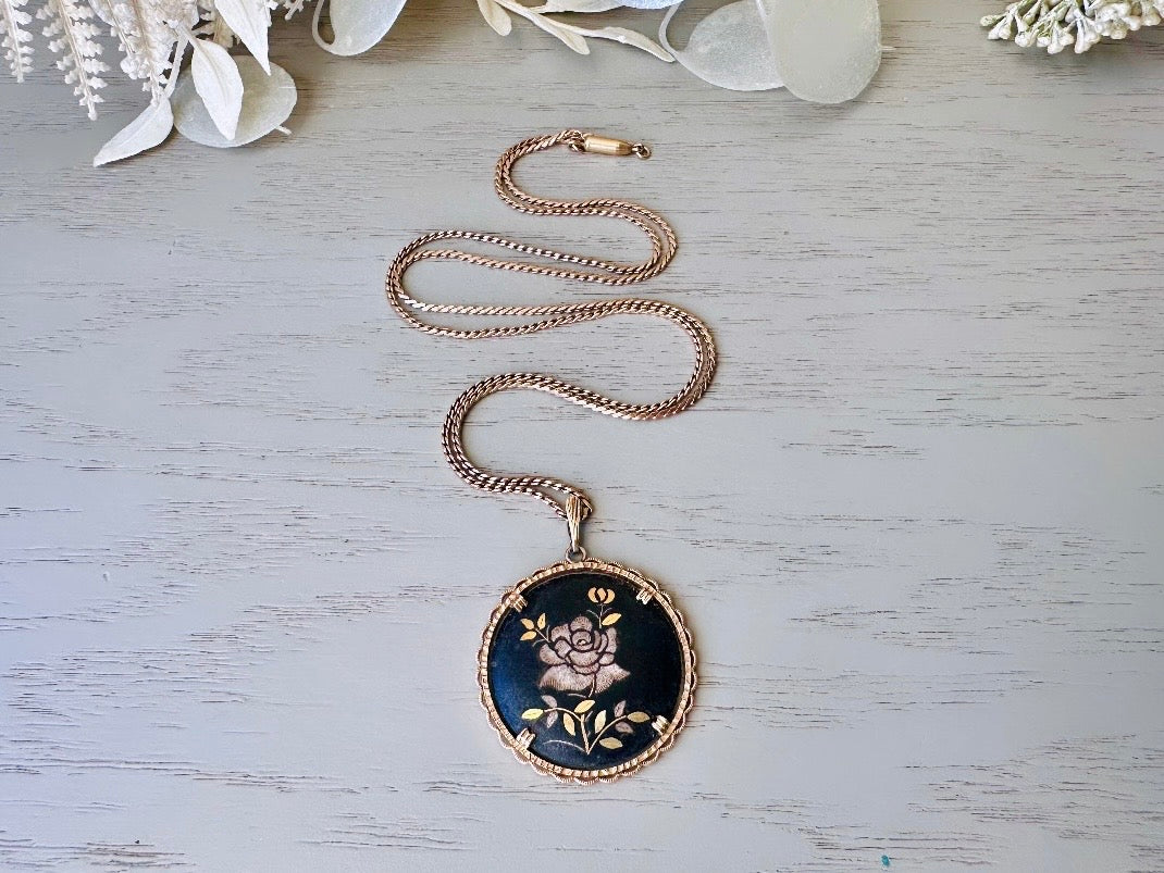 Beautiful Vintage Rose Necklace, 1940s Black Krementz Pendant Necklace, Etched Gold Overlay on Black Matte Round Cameo, Collectible Vintage 24" Chain from Piggle and Pop