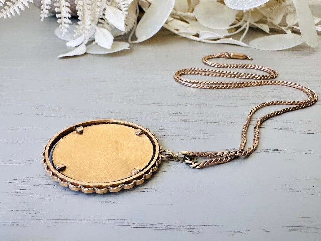 Vintage Rose Necklace, 1940s Black Krementz Pendant Necklace, Etched Gold Overlay on Black Matte Round Cameo, Collectible Vintage 24" Chain back
