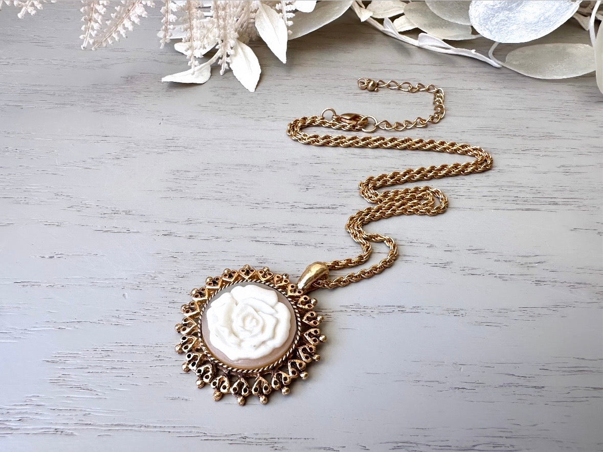 Vintage Rose Necklace, Floral Cameo Pendant Necklace, White Rose on Grey, Gold FIligree Round Pendant, Dainty Victorian Revival Necklace from Piggle and Pop