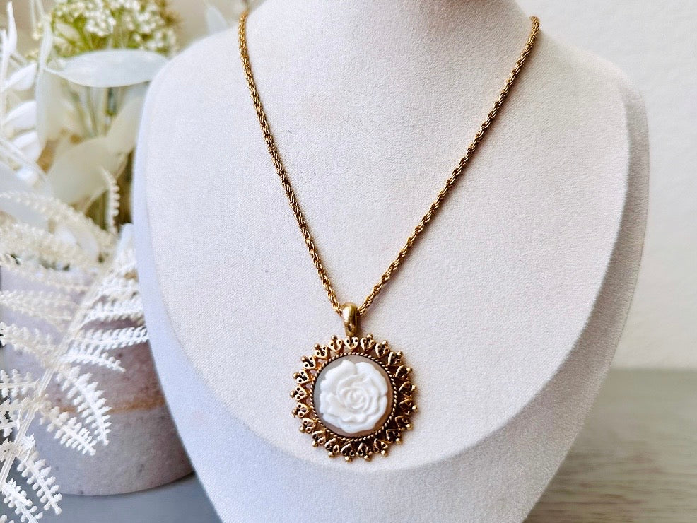 Vintage Rose Necklace, Floral Cameo Pendant Necklace, White Rose on Grey, Gold FIligree Round Pendant, Dainty Victorian Revival Necklace from Piggle and Pop