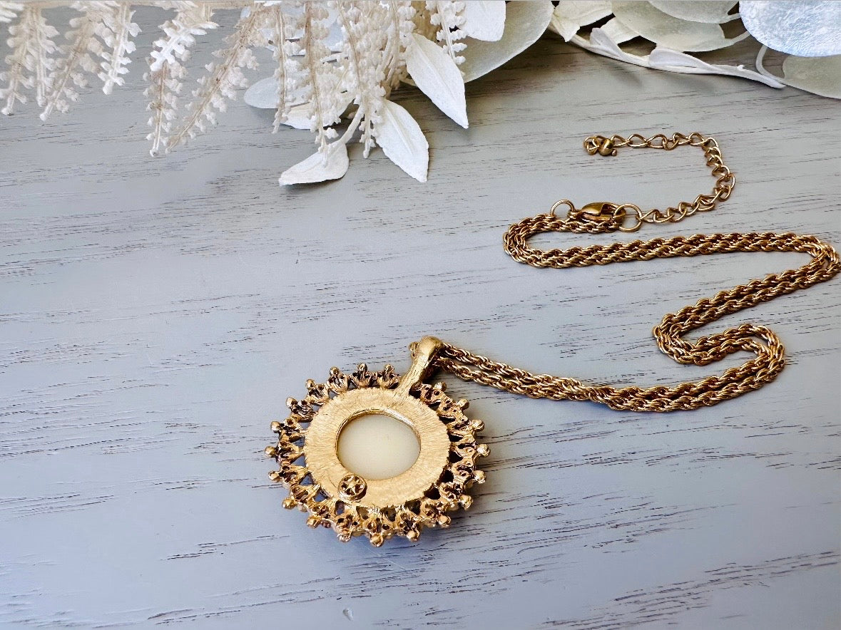 Vintage Rose Necklace, Floral Cameo Pendant Necklace, White Rose on Grey, Gold FIligree Round Pendant, Dainty Victorian Revival Necklace from Piggle and Pop