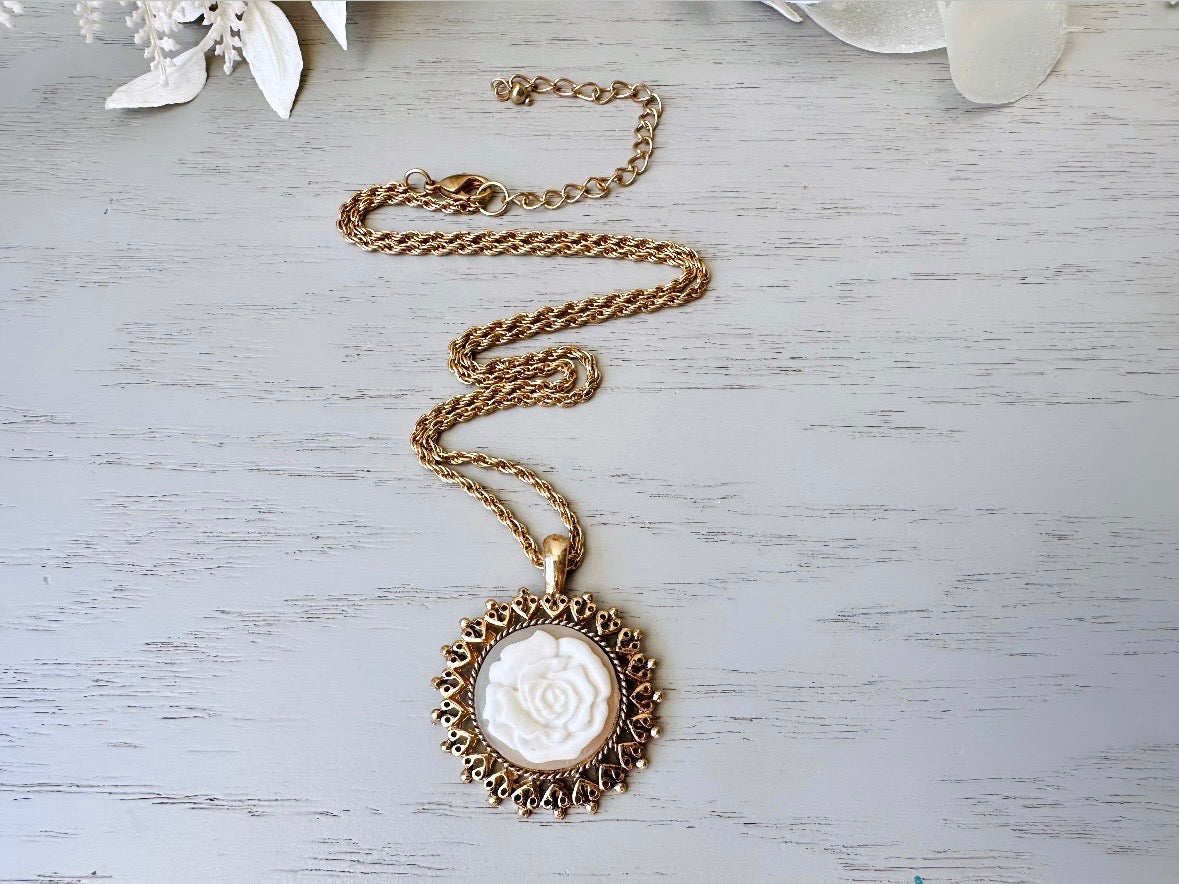 Vintage Rose Necklace, Floral Cameo Pendant Necklace, White Rose on Grey, Gold FIligree Round Pendant, Dainty Victorian Revival Necklace from Piggle and Pop