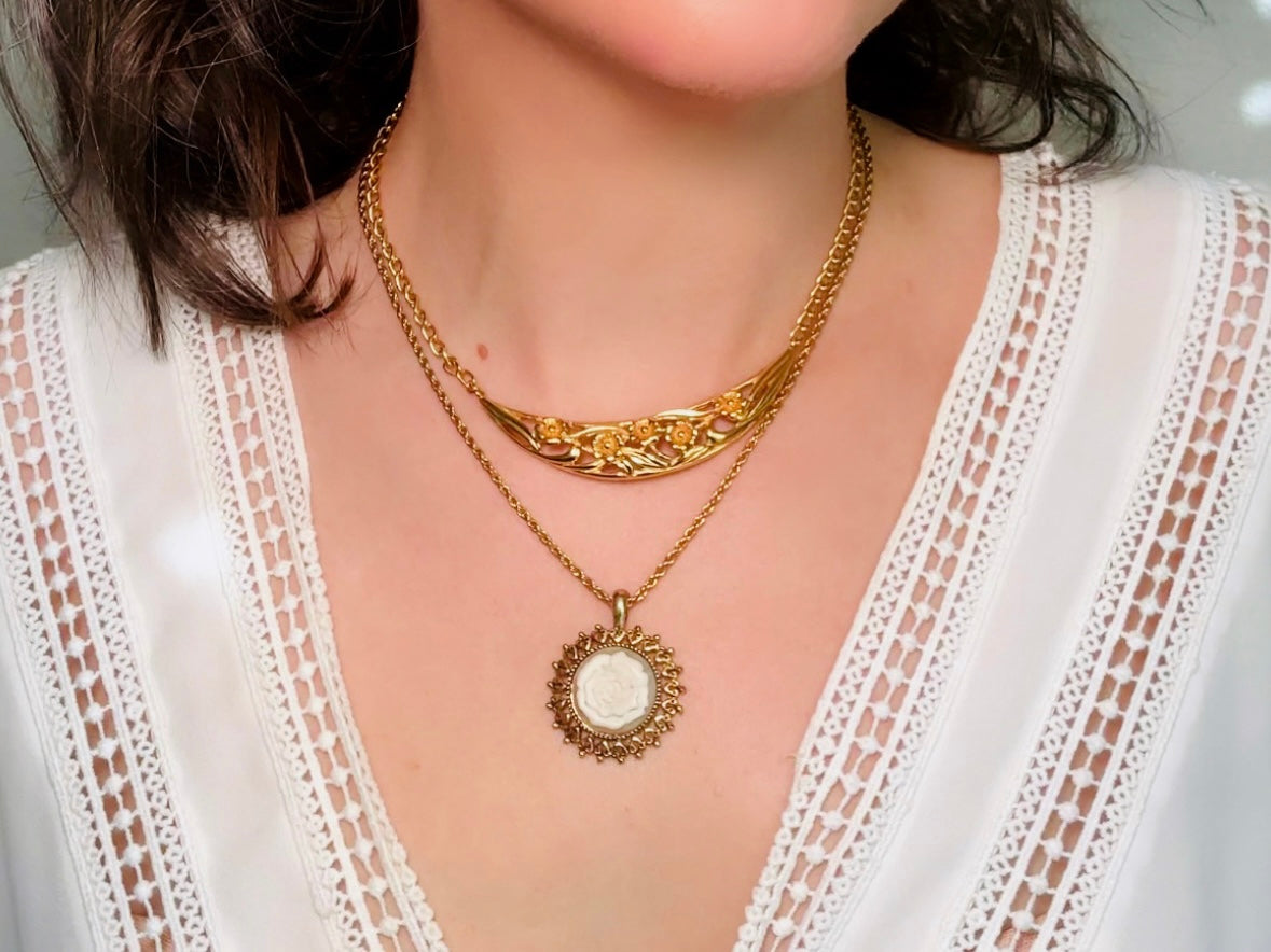 Vintage Rose Necklace, Floral Cameo Pendant Necklace, White Rose on Grey, Gold FIligree Round Pendant, Dainty Victorian Revival Necklace from Piggle and Pop