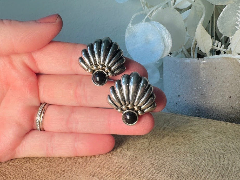 Vintage Silver Fan Earrings with Black Onyx Cabochons, Mixed Metal Art Deco Earrings, Unique Pewter and Gold Vintage Clip On Earrings