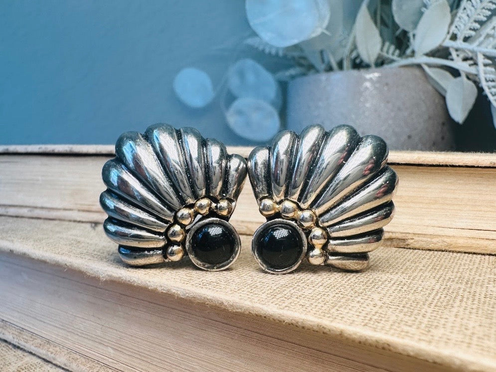 Vintage Silver Fan Earrings with Black Onyx Cabochons, Mixed Metal Art Deco Earrings, Unique Pewter and Gold Vintage Clip On Earrings