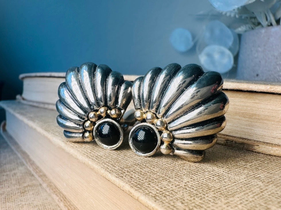 Vintage Silver Fan Earrings with Black Onyx Cabochons, Mixed Metal Art Deco Earrings, Unique Pewter and Gold Vintage Clip On Earrings