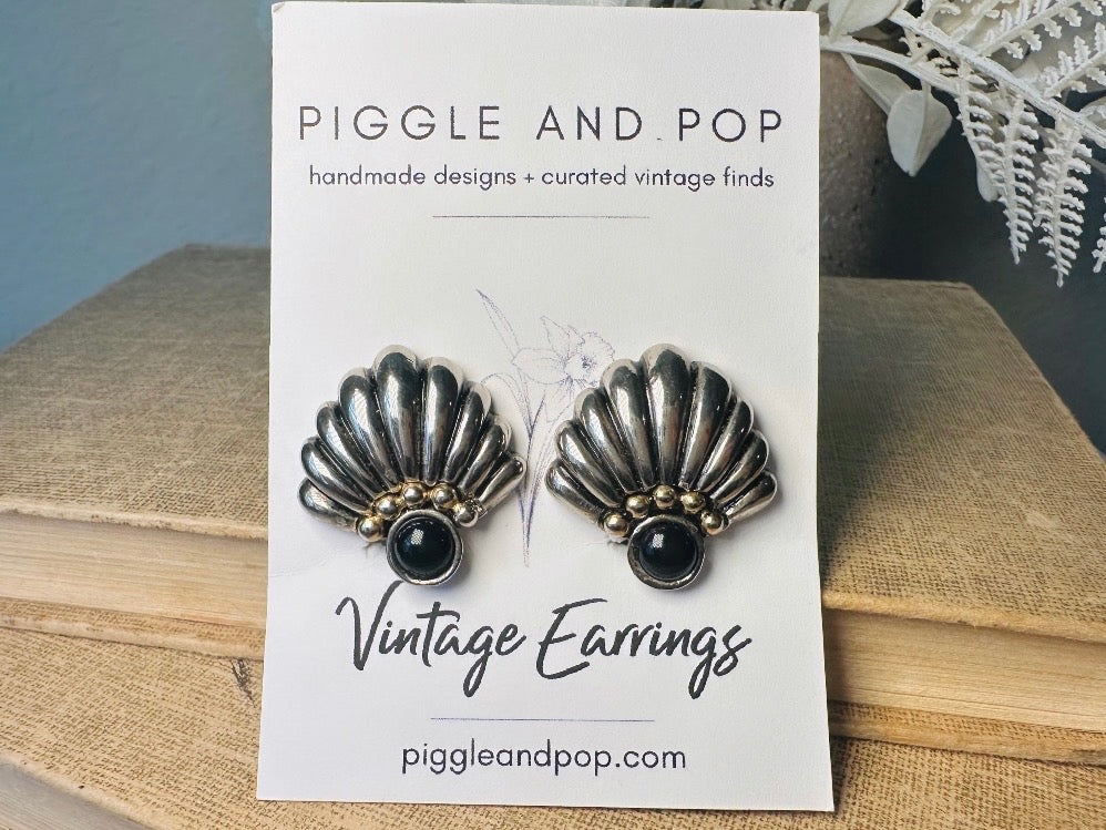Vintage Silver Fan Earrings with Black Onyx Cabochons, Mixed Metal Art Deco Earrings, Unique Pewter and Gold Vintage Clip On Earrings
