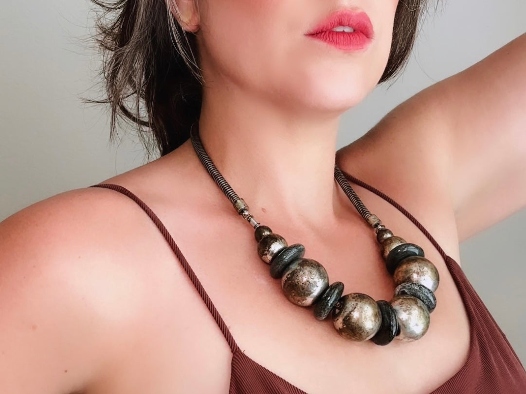 Vintage Sphere Necklace, Rustic Industrial Necklace, Black Gunmetal Pewter Silver Ball & Black Stone Necklace, Chunky Eclectic Necklace from Piggle and Pop
