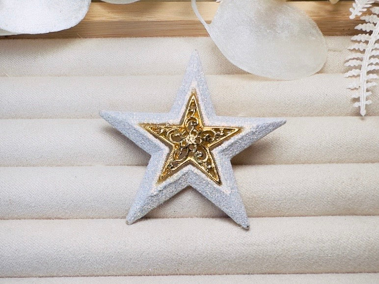 Vintage Star Brooch by Danecraft, Sparkly Celestial Pin with White Glitter Enamel and Gold Filigree Center