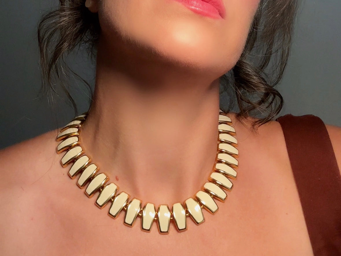 Vintage Statement Necklace, Articulated Cream Enamel and Gold Collar Necklace, Chunky 80s Vintage Panel Necklace