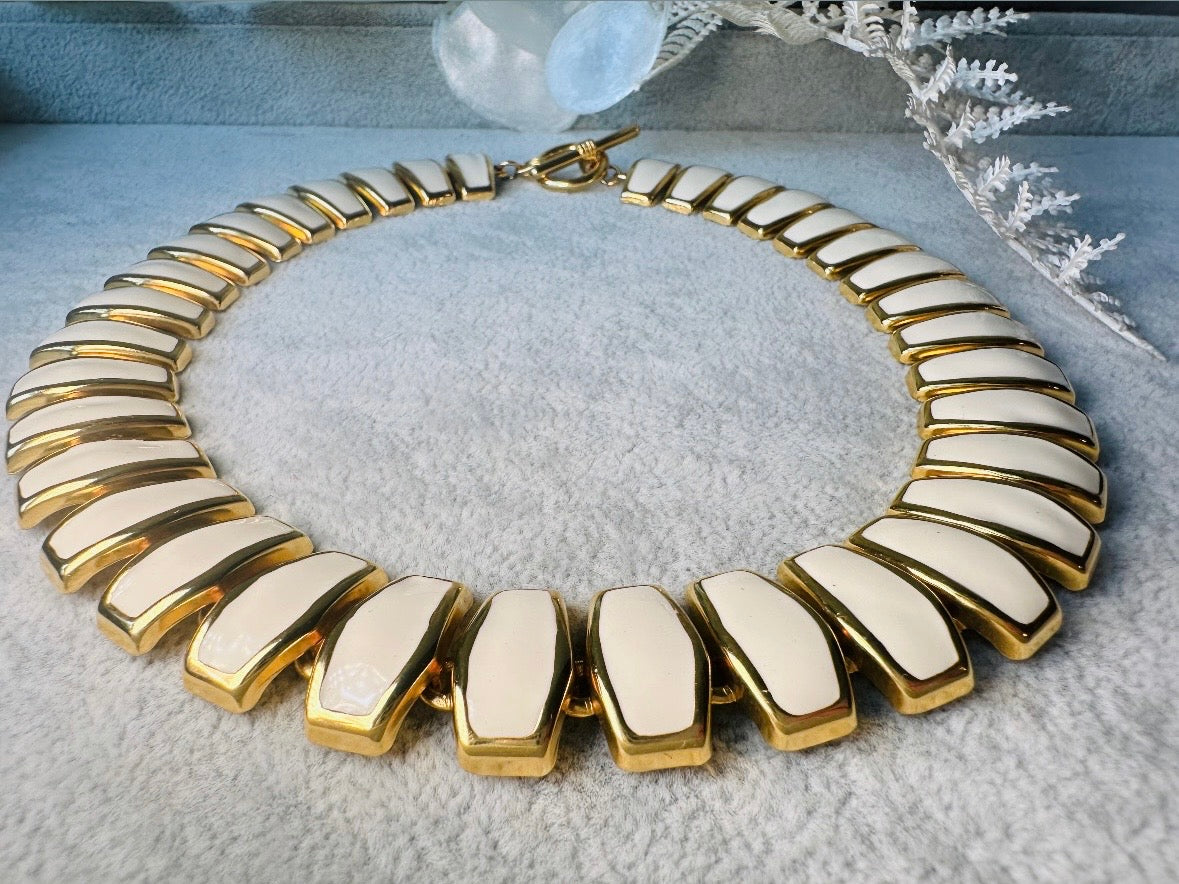Vintage Statement Necklace, Articulated Cream Enamel and Gold Collar Necklace, Chunky 80s Vintage Panel Necklace