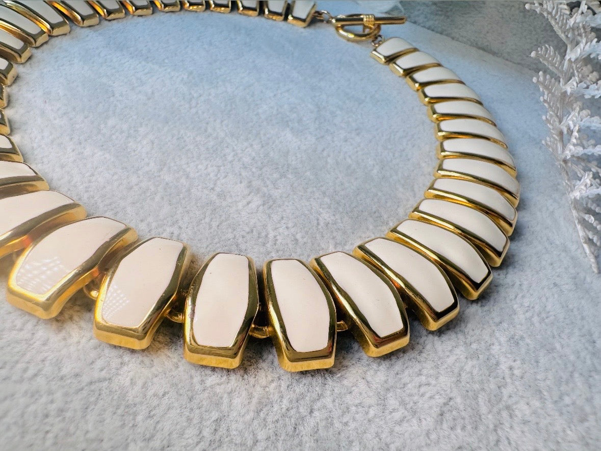 Vintage Statement Necklace, Articulated Cream Enamel and Gold Collar Necklace, Chunky 80s Vintage Panel Necklace