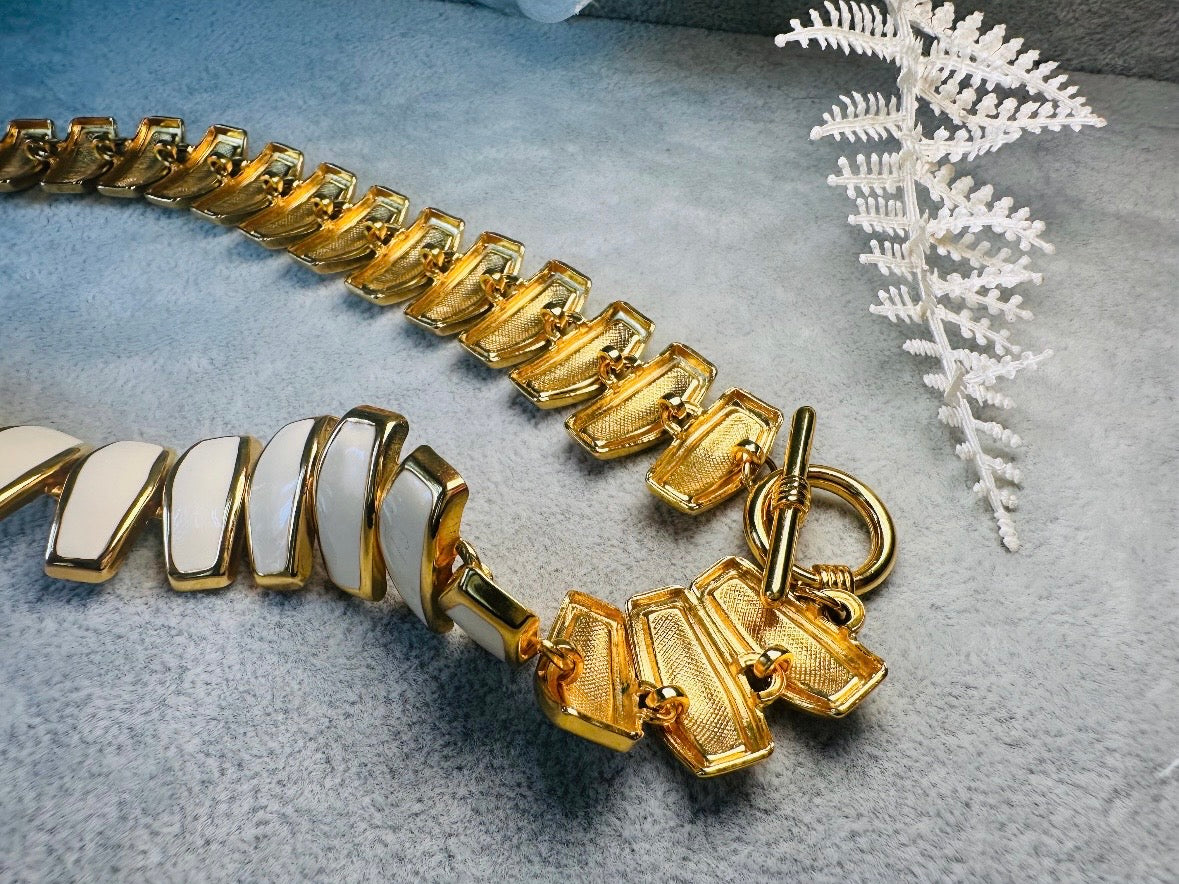 Vintage Statement Necklace, Articulated Cream Enamel and Gold Collar Necklace, Chunky 80s Vintage Panel Necklace