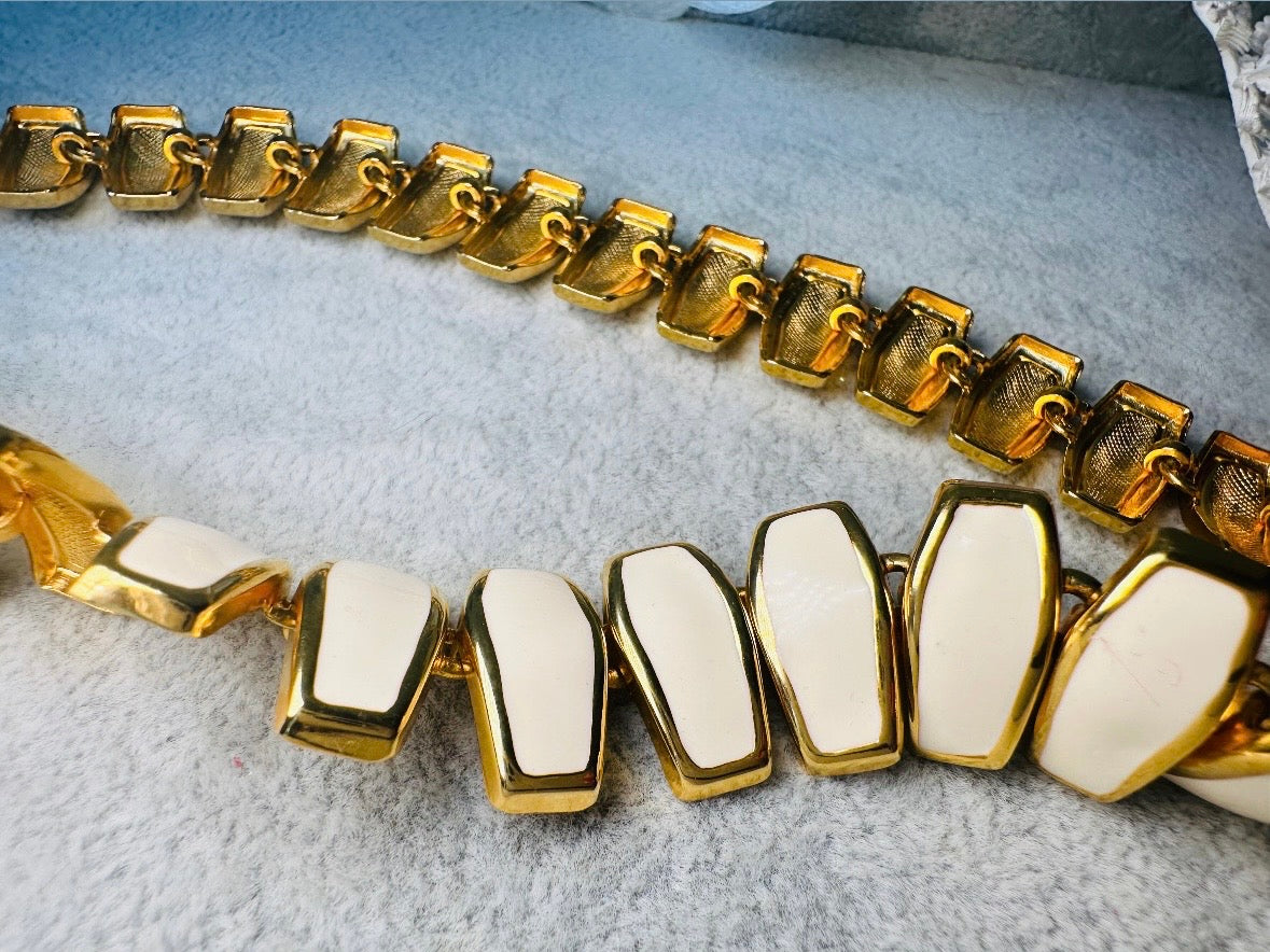 Vintage Statement Necklace, Articulated Cream Enamel and Gold Collar Necklace, Chunky 80s Vintage Panel Necklace