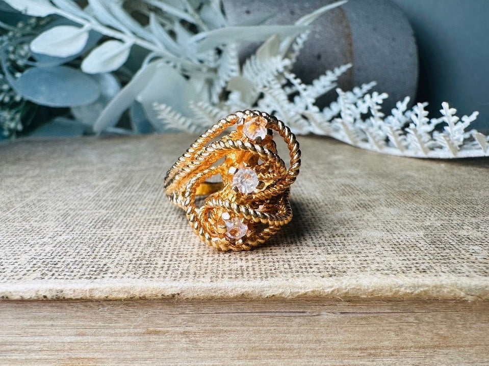 Vintage Statement Ring, Park Lane Twisted Rope Gold Ring with Swarovski Crystal Accents, Chunky Multi Stone Vintage Cocktail Ring 18K Size 6