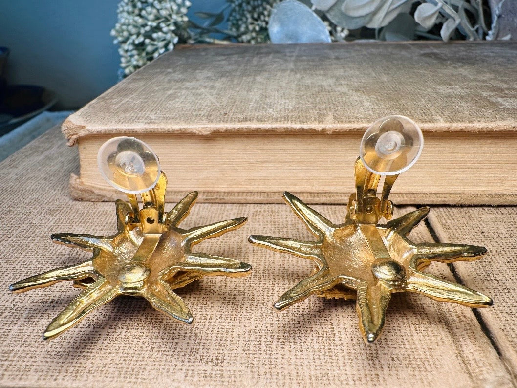Vintage Sun Earrings, Oversized Matte Gold 90s Celestial Earrings with Rhinestone Glasses, Clip On Statement Earrings