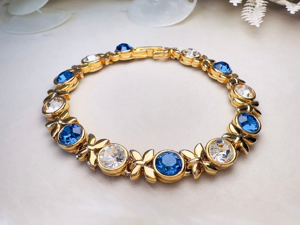 Vintage Tennis Bracelet with Sapphire Blue and Diamond Rhinestones, XO Gold Link Bracelet with Fold Over Clasp
