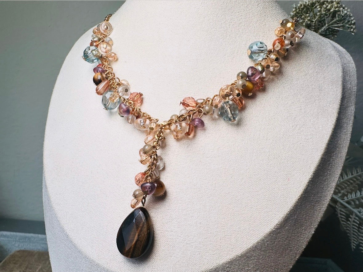 Vintage Tigers Eye Charm Necklace, Genuine Tiger Eye Gemstone Y Pendant Necklace with Crystals in Gold, Blue and Purple