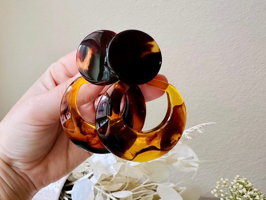 Vintage Tortoiseshell Earrings, Convertible Vintage Clip On Earrings, 1980s Huge Dramatic Door Knocker Earrings, Big Acrylic Hoop Earrings