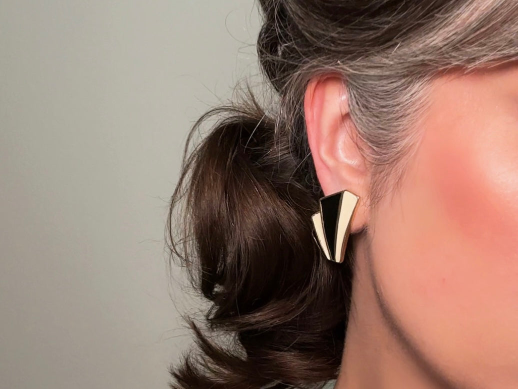 Vintage Trifari Art Deco Earrings, 1980s Black and Cream Enamel Pierced Post Earrings