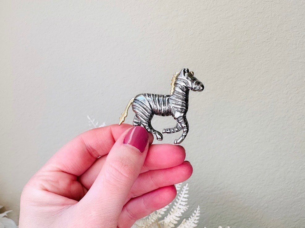 Vintage Zebra Brooch Pin, Liz Claiborne Mixed Metal Wild Zebra Pin, Fun 1980s Jewelry, 80s Gold and Silver Vintage Brooch from Piggle and Pop