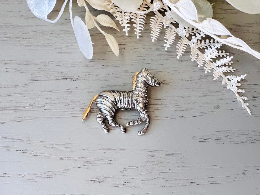 Vintage Zebra Brooch Pin, Liz Claiborne Mixed Metal Wild Zebra Pin, Fun 1980s Jewelry, 80s Gold and Silver Vintage Brooch from Piggle and Pop