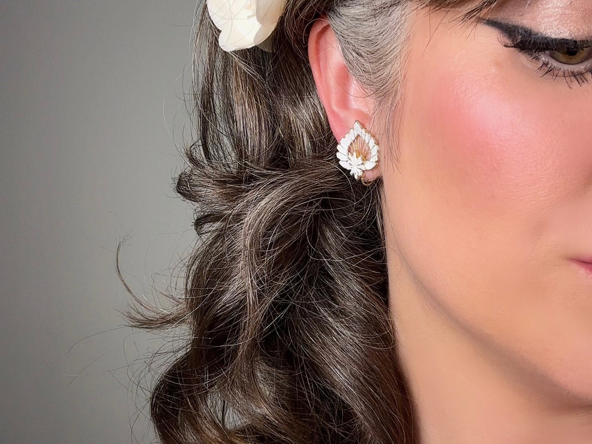 White Enamel Leaf Earrings, Vintage Whimsigoth Jewelry, Unique Gold Wire Work Clip On Earrings