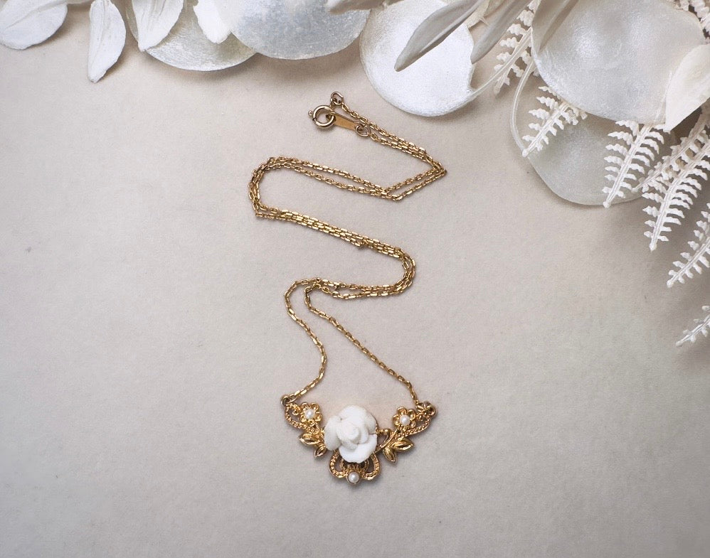 White Porcelain Rose Necklace, Vintage 70s Necklace with Gold Filigree Pendant and Tiny Pearls