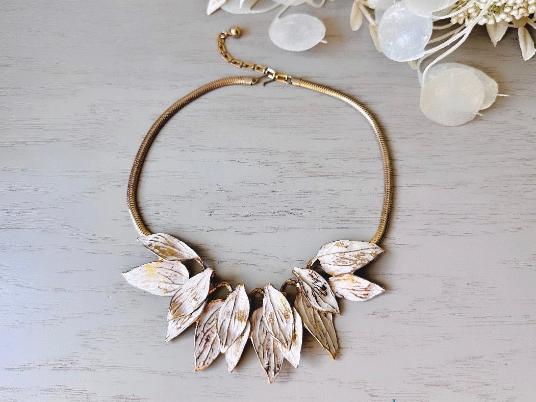 White Wash Gold Leaf Necklace, Vintage Structural Avant Garde Statement Necklace, Unique Vintage Gold Leaf Cluster Choker, Adjustable