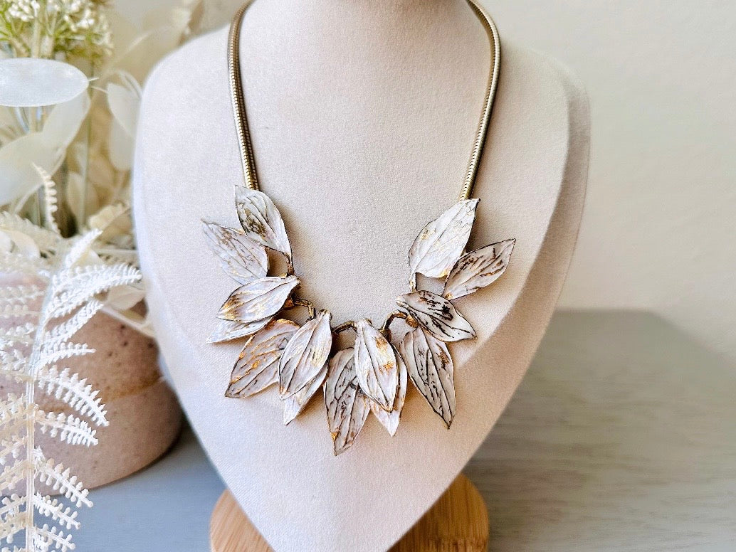 White Wash Gold Leaf Necklace, Vintage Structural Avant Garde Statement Necklace, Unique Vintage Gold Leaf Cluster Choker from Piggle and Pop
