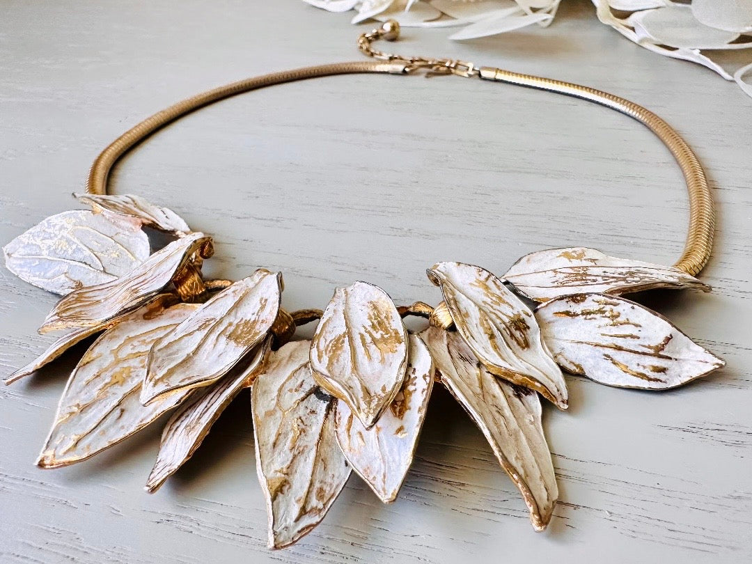 White Wash Gold Leaf Necklace, Vintage Structural Avant Garde Statement Necklace, Unique Vintage Gold Leaf Cluster Choker from Piggle and Pop