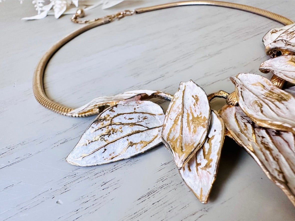 White Wash Gold Leaf Necklace, Vintage Structural Avant Garde Statement Necklace, Unique Vintage Gold Leaf Cluster Choker from Piggle and Pop