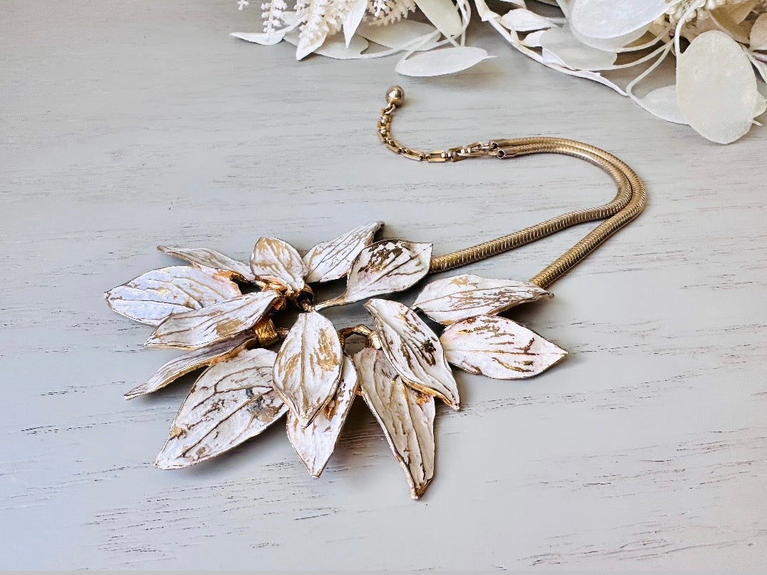 White Wash Gold Leaf Necklace, Vintage Structural Avant Garde Statement Necklace, Unique Vintage Gold Leaf Cluster Choker from Piggle and Pop