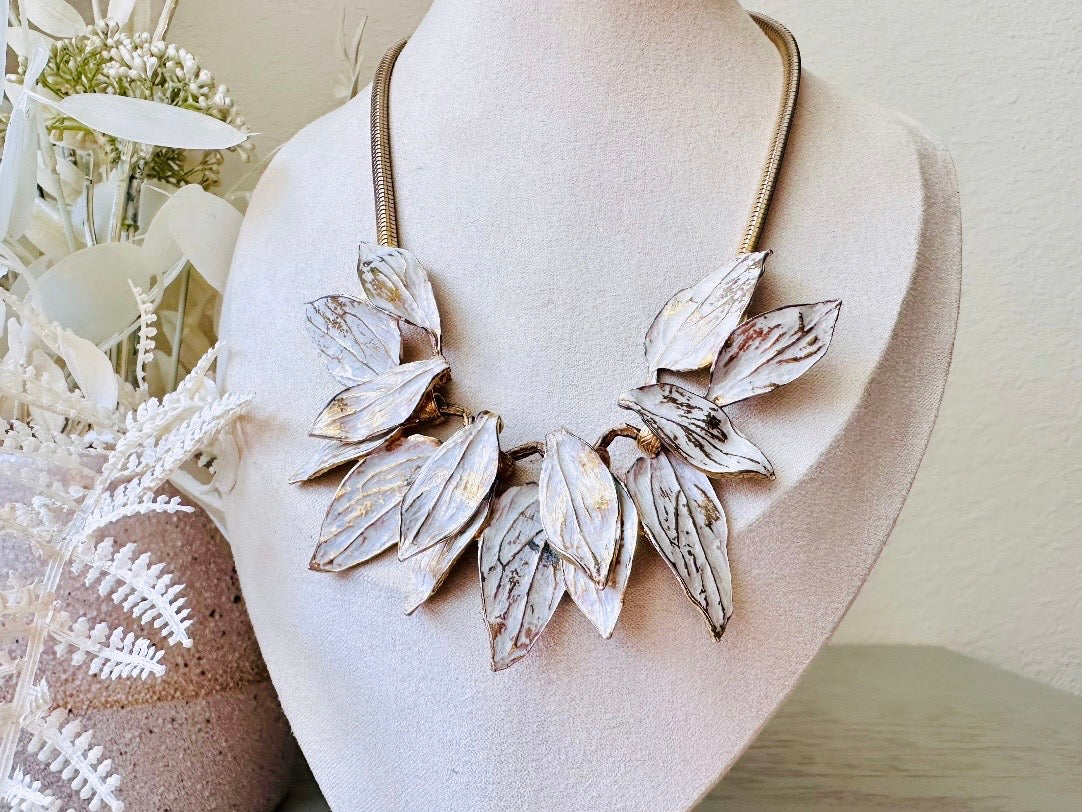 White Wash Gold Leaf Necklace, Vintage Structural Avant Garde Statement Necklace, Unique Vintage Gold Leaf Cluster Choker from Piggle and Pop