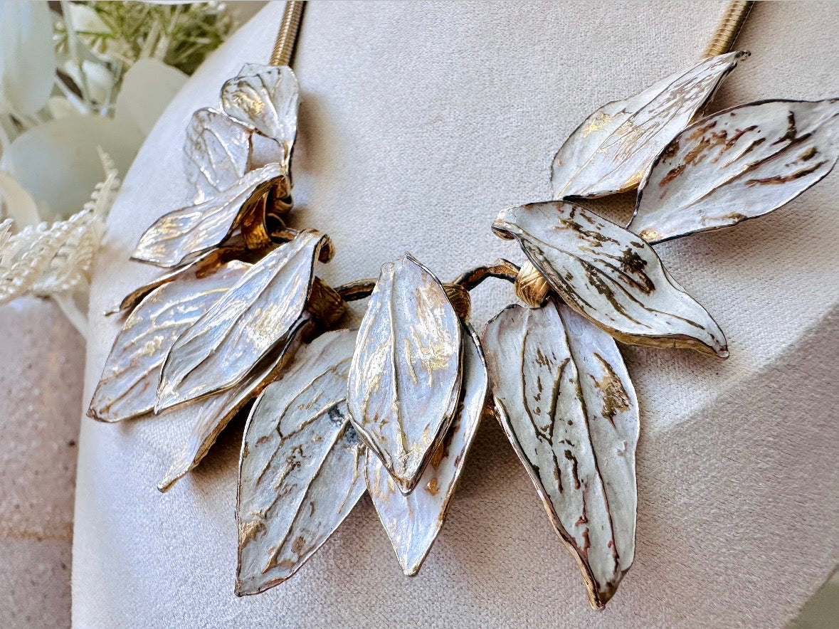 White Wash Gold Leaf Necklace, Vintage Structural Avant Garde Statement Necklace, Unique Vintage Gold Leaf Cluster Choker from Piggle and Pop