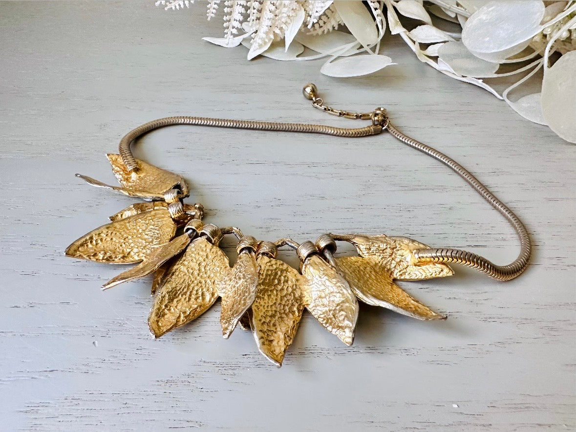 White Wash Gold Leaf Necklace, Vintage Structural Avant Garde Statement Necklace, Unique Vintage Gold Leaf Cluster Choker from Piggle and Pop