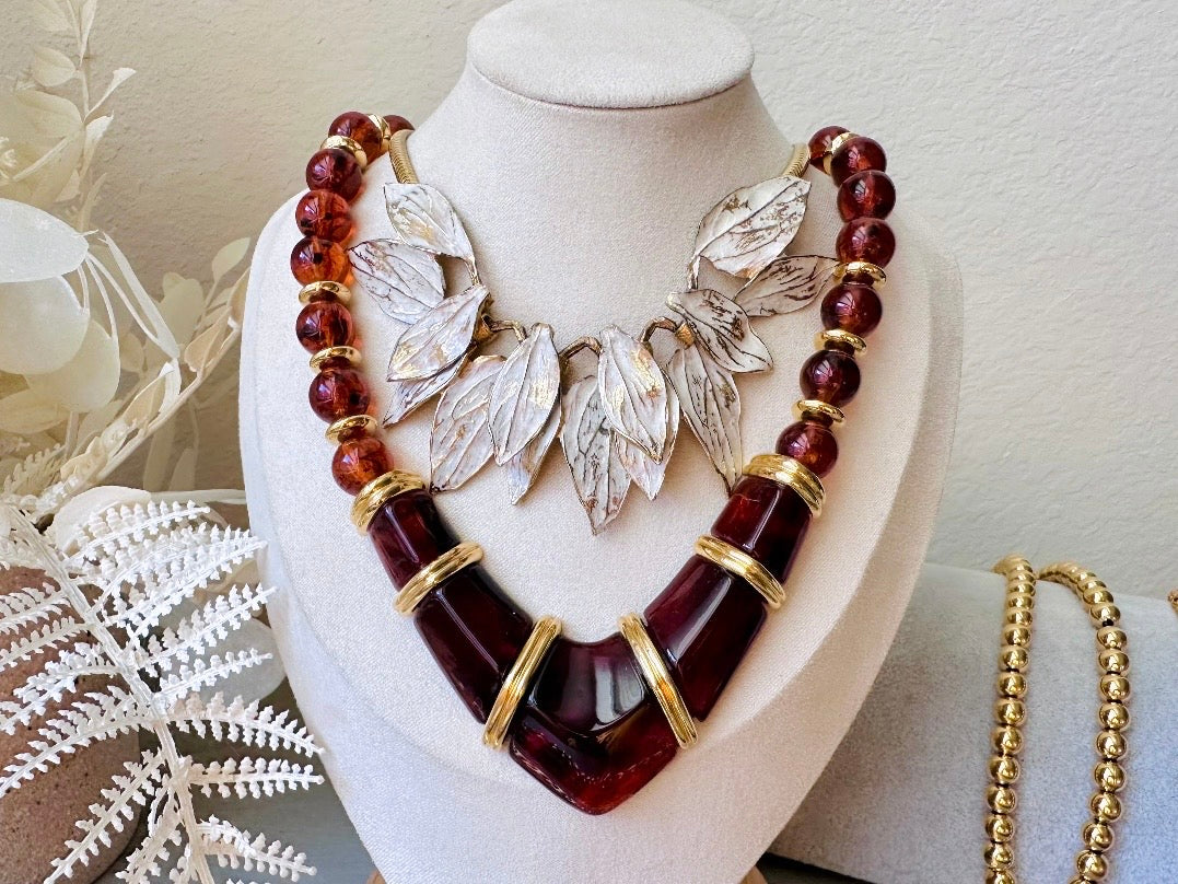 White Wash Gold Leaf Necklace, Vintage Structural Avant Garde Statement Necklace, Unique Vintage Gold Leaf Cluster Choker from Piggle and Pop