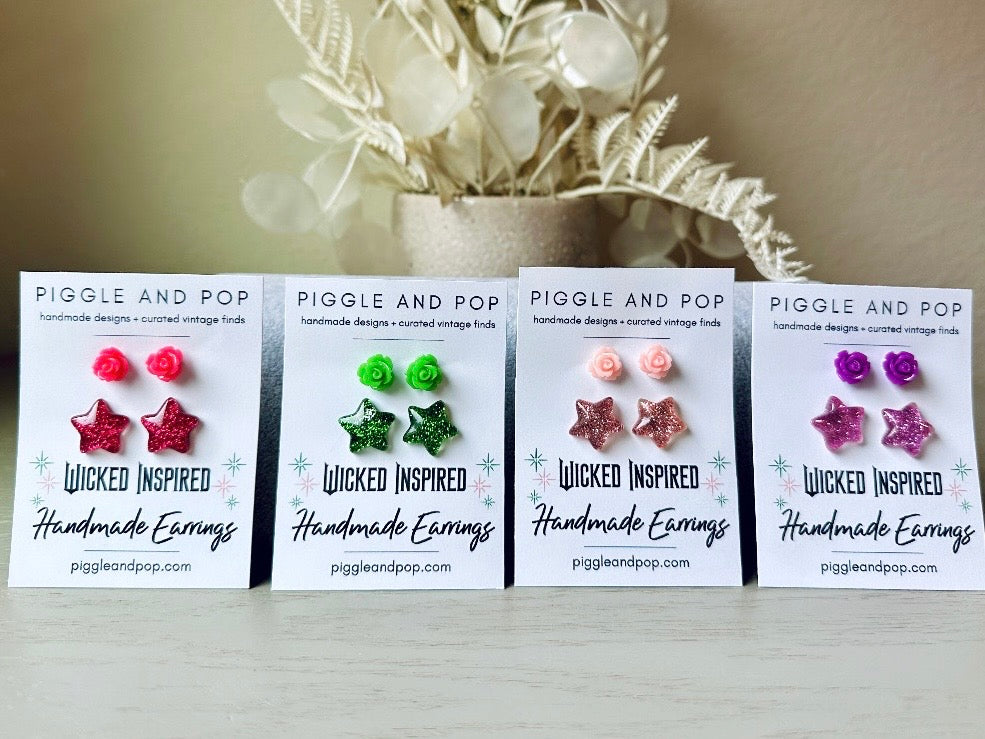 Wicked Inspired Earring Set, Handmade Glitter Star and Rose Post Earrings all colors available