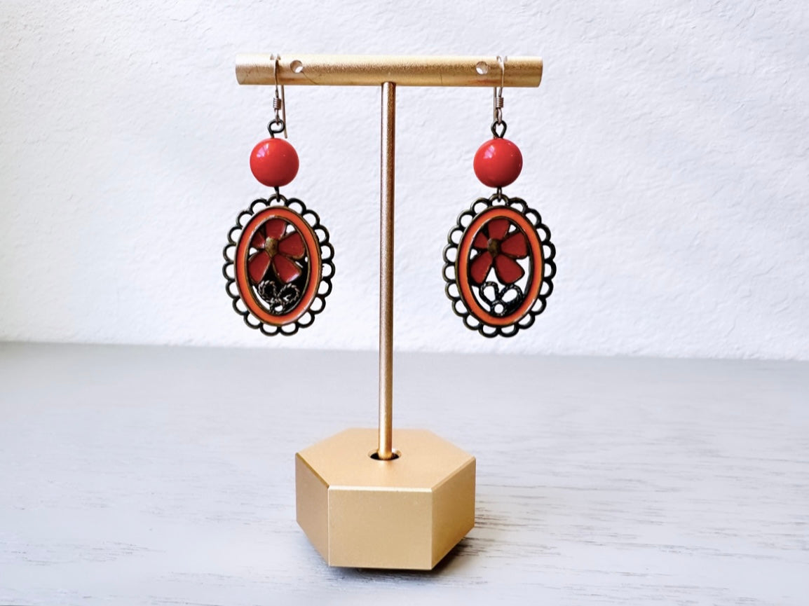Vintage 70s Orange Enamel and Bronze Earrings, Funky Boho Pierced Vintage Dangle Earrings, Orange Enamel 1970's Earrings