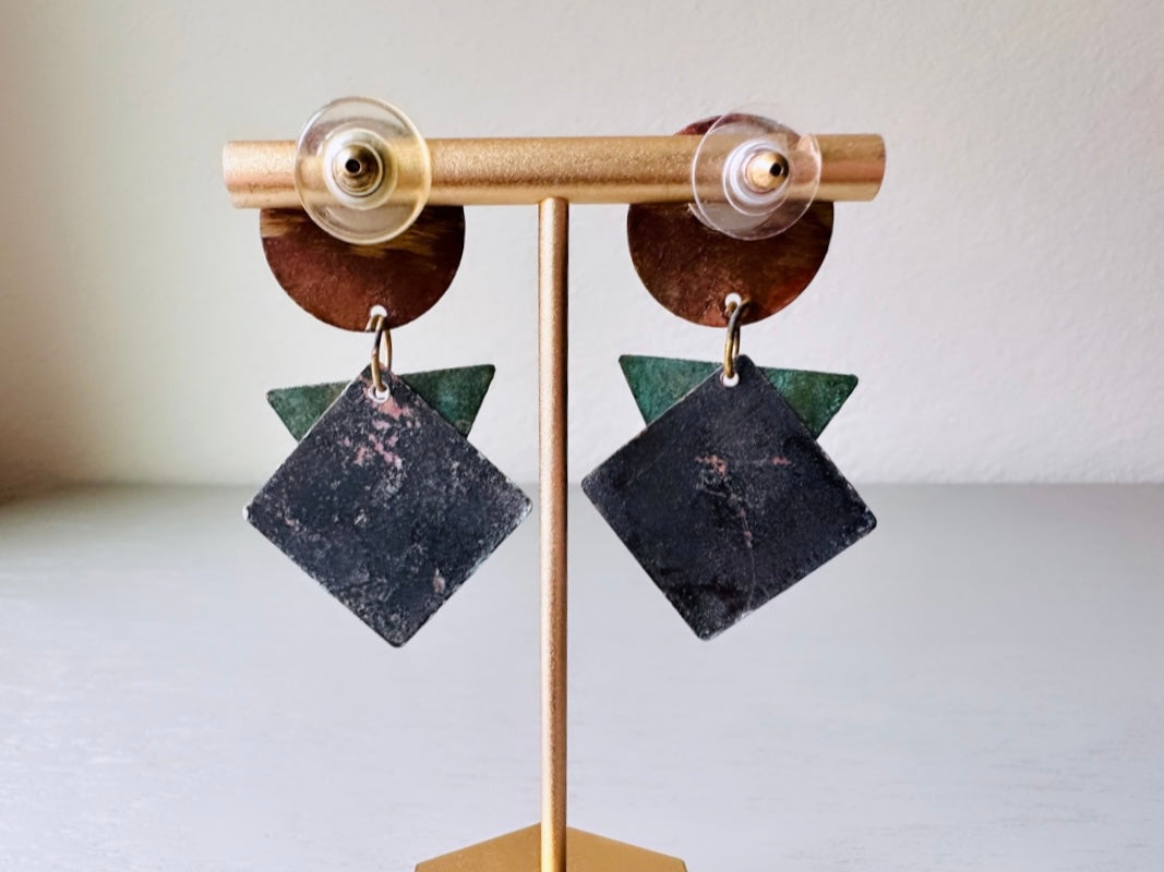 Vintage 1980s Distressed Geometric Earrings, Hammered Circle, Triangle Pierced Post Earrings, Unique Statement Earrings, Earth Tone Neutrals