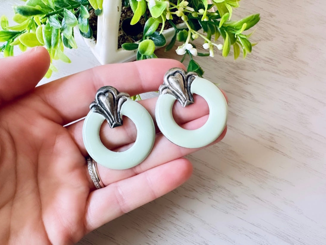 Mint and Silver Vintage 1970's Earrings, Circle Hoop Post Earrings Geometric Opaque Enamel Earrings, Interesting Cool Pierced Post Earrings