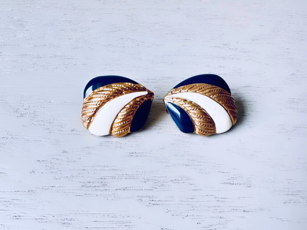 Vintage Navy Blue White and Gold 1980s Earrings, Classic 80's Vintage Clip On Statement Earrings, Bold Nautical Geometric Earrings