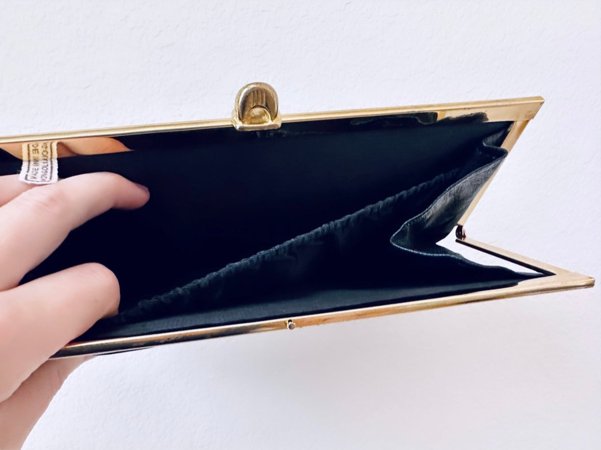Vintage Black Clutch Handbag, Black Ruched Faux Leather Purse, Retro Mid Century Mod Bag, Black and Gold Chic Evening Purse