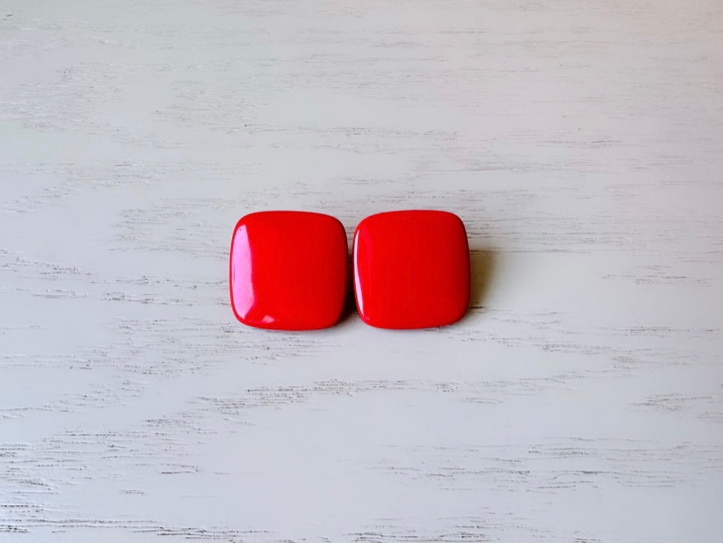 Bright Red Vintage 1980's Stud Earrings, Square Geometric Opaque Enamel Earrings, Vintage Fire Engine Red Pierced Post Earrings